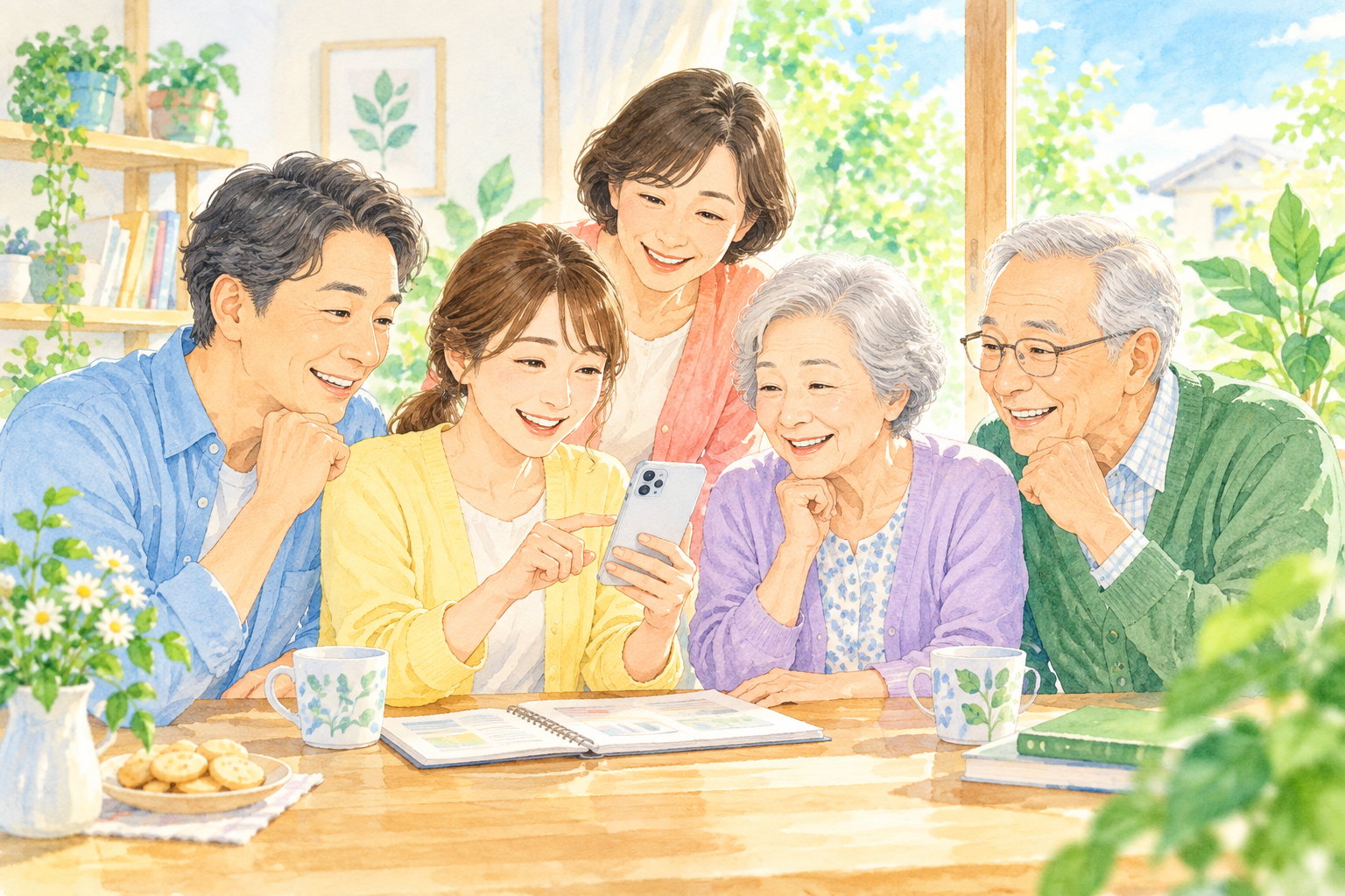 家族で将来のお金について話す様子のイラスト