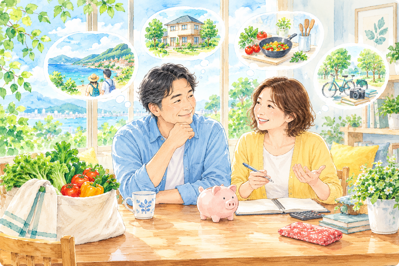 家計や将来について穏やかに話す夫婦のイラスト